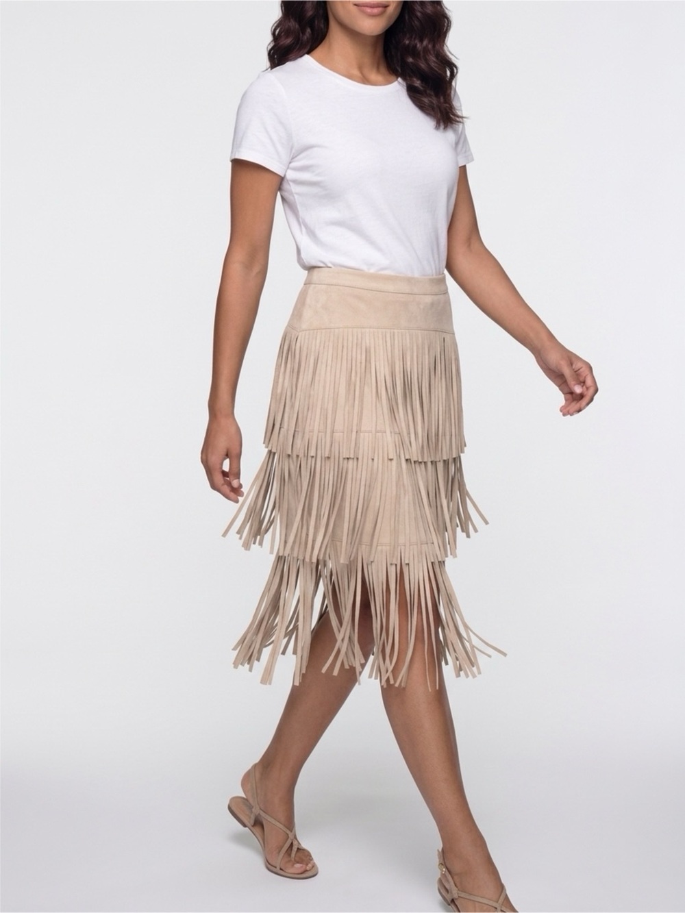 BCBGMaxAzria Beige Tiered Fringe Midi Skirt